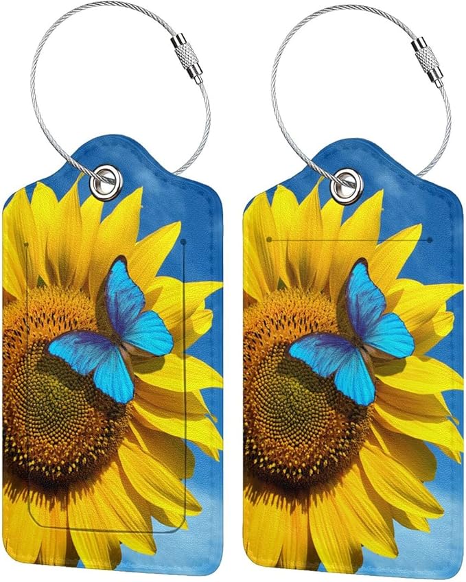 Set of 2 Pretty Sunflower Luggage Tags with Blue Butterfly Pattern, Yellow Flower Leather Suitcase Tag Privacy Name ID Card Travel Bag Labels with Stainless Steel Loop Birthday Gifts for Women Girls
