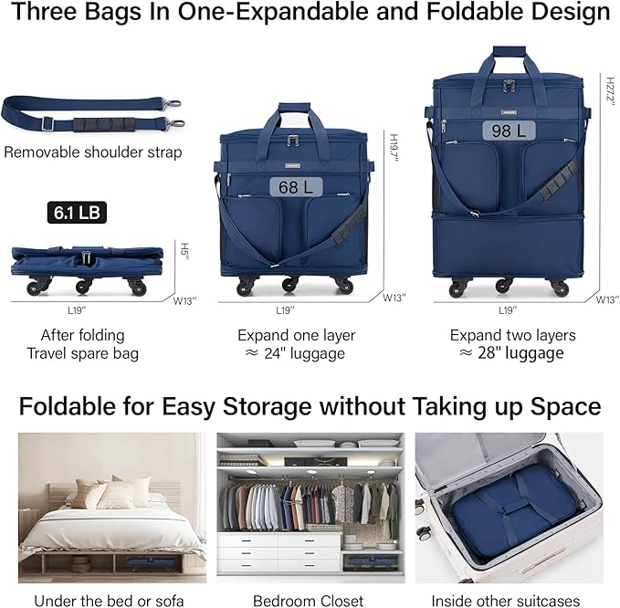 Hanke Expandable Collapsible Luggage with Wheels Suitcase Luggage Rolling Travel Bag Duffel Bag for Men Women Lightweight Suitcase Large Capacity Luggage with Spinner Wheel (Blue)