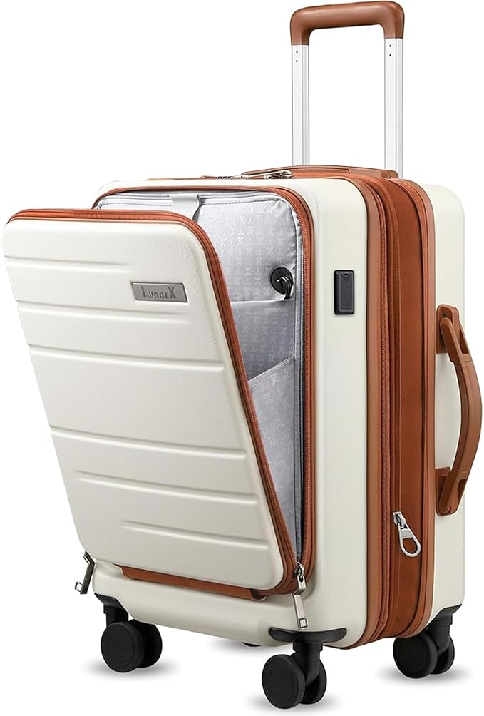 LUGGEX Carry On Luggage 22x14x9 Airline Approved, Expandable Polycarbonate Suitcase with Front Pocket (White, 20 Inch, 35L)