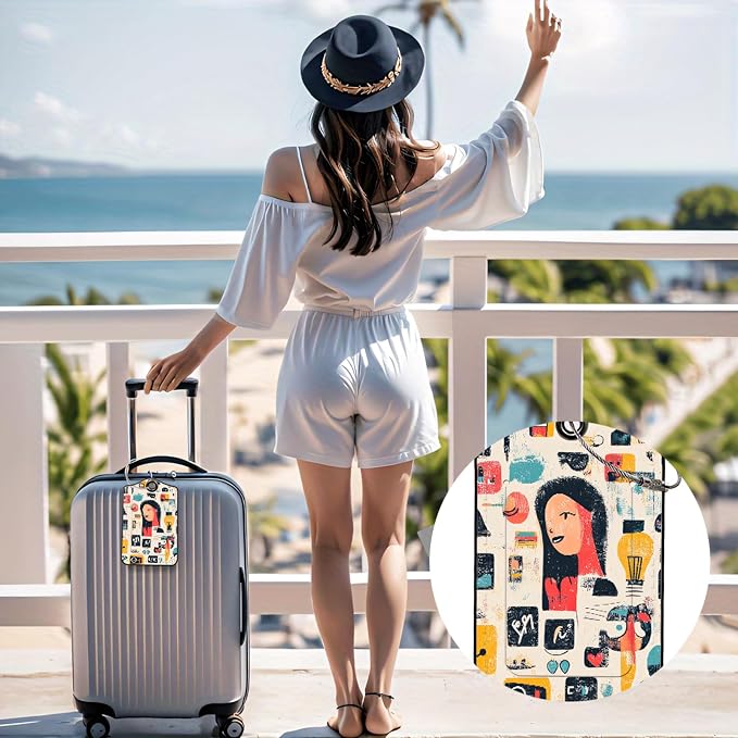 Luggage Tags for Suitcases, 2-Pack PU Leather for Cruise & Travel, Baggage ID Tags with Privacy Cover & Address Card, Durable Metal Ring, Kids Adults Travel Accessories, Artistic Mindscape