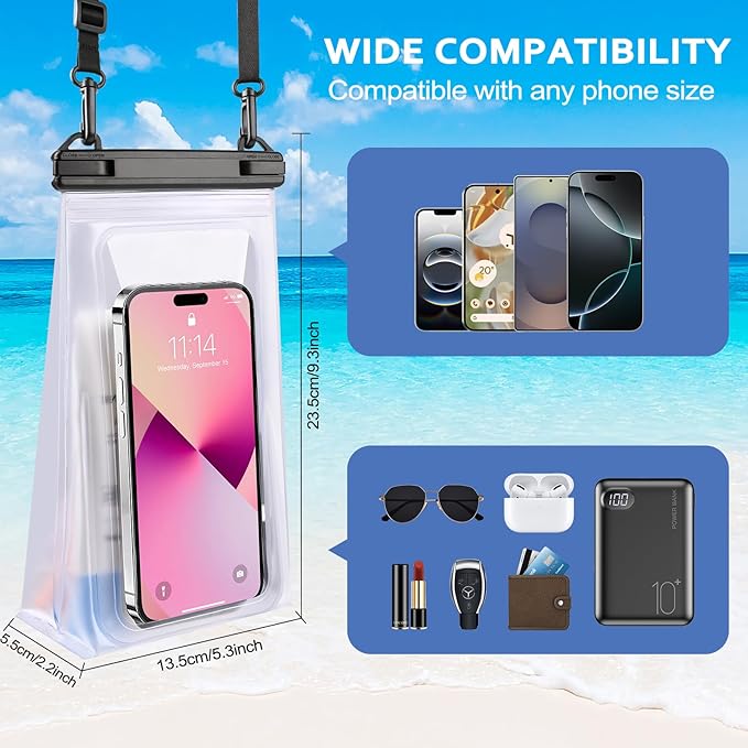 2 Pack Large Waterproof Phone Pouch, IPX8 Double Sealing Floating Waterproof Bag for iPhone 16 15 14 Pro Max Sumsang S25 S24 Google All Devices