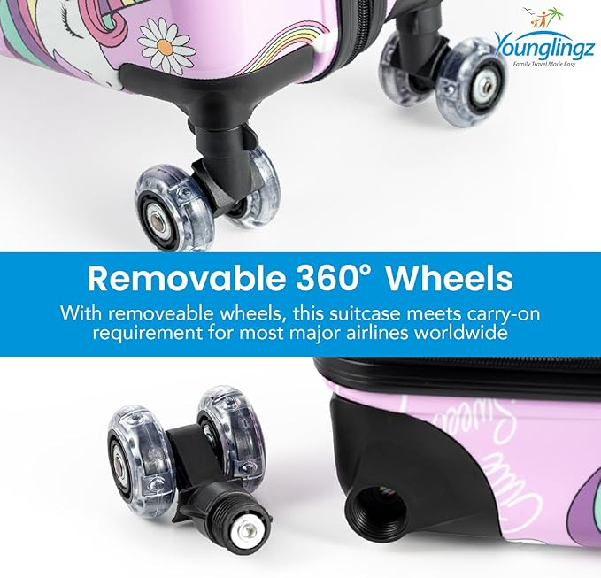Younglingz LIL FLYER GO Version 2 Ride On Suitcase for Kids | Carry On Luggage with Toddler Seat, Foldable Handlebars, Pedals, and Removable Wheels | Holds up to 80 lbs | Glam | Ages 2-6