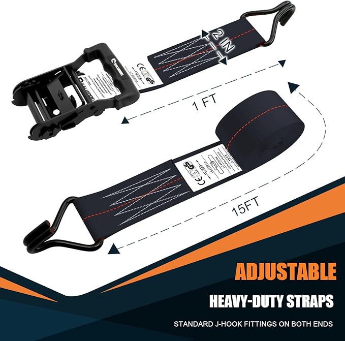 6 Pack 2 inch Ratchet Straps Heavy Duty J Hook 2 in x 15ft with Strong Ratcheting, Cargo Load Tie Down Strap 2200lbs Working Load for Trucks Black