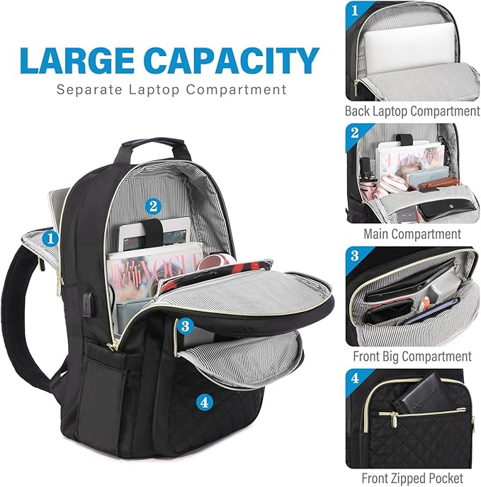 LOVEVOOK Laptop Backpack Purse for Women, Work Business Travel Computer Bags with 15.6 Inch Laptop Compartment, Teacher Nurse Backpack for Womens, Quilted Casual Daypack with USB Port, Black