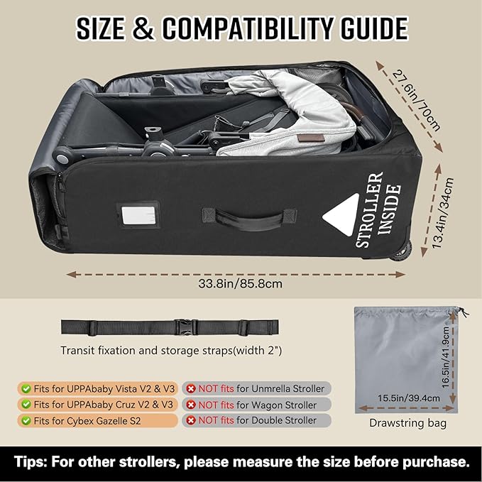 RAYMACE Padded Stroller Travel Bag for Airplane with Wheels Fits to UPPAbaby Vista V2 V3, Cruz V2 V3,Travel Safe Protection Storage Bag, Patterned Design, Black