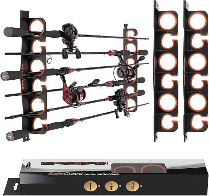 KastKing SafeGuard Fishing Rod Holder for Garage, Wall or Ceiling Mounted Fishing Rod Rack Storage Organizer, Fishing Pole Holder Holds 6 Rods or Combos in Less Than 18 Inches