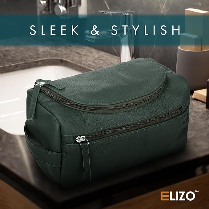 ELIZO Premium REAL Leather Toiletry Bag for Men Dopp Kitt Hanging Mens Toiletry Large TSA Toiletries Bag Shaving Grooming Bag Organizer Espresso