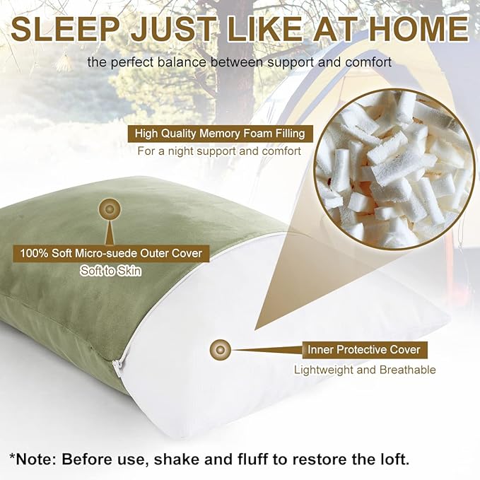 Ivellow Memory Foam Travel Pillow Compressible Camping Pillow for Sleeping Shredded Memory Foam Pillow Compact Firm Supportive Travel Pillow for Adults Kids Outdoor Hiking Essential Gear Green-M