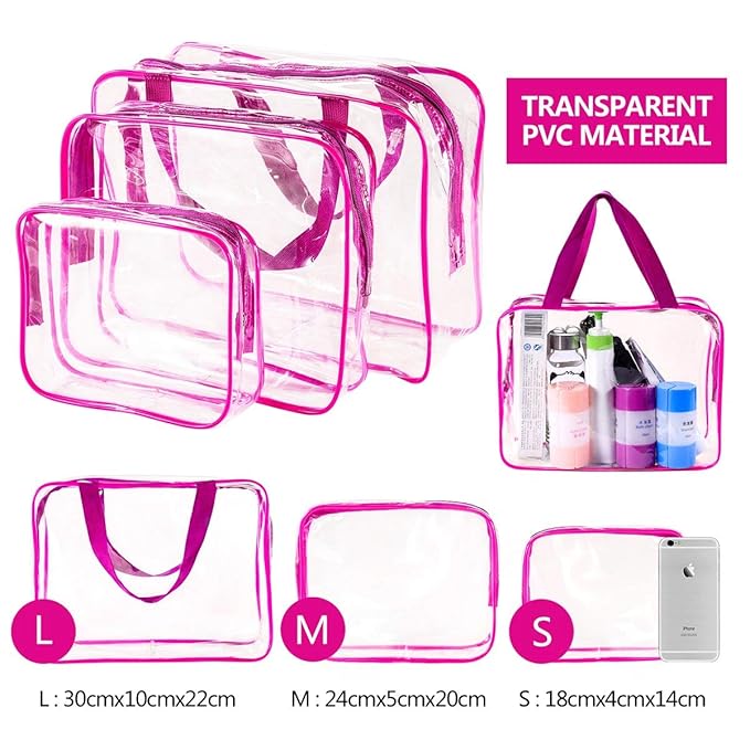 6Pcs Crystal Clear PVC Travel Toiletry Bag Kit for Women Men, Waterproof Vinyl Packing Organizer Storage Bags with Zipper Handle Straps, Cosmetic Pouch Carry on Airport Airline Compliant Bag Handbag
