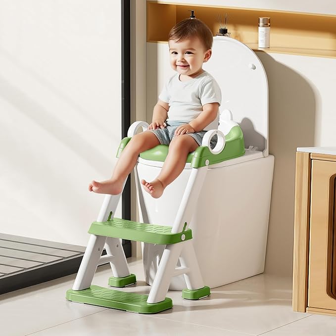 Potty Training Seat,Non Slip Foldable Toilet Training Seat with Soft Cushion, Comfortable HandlesUpgrade Toddler Toilet Seat for Kids Boys Girls,Potty Training Toilet Seat with Step Stool Ladder,Green