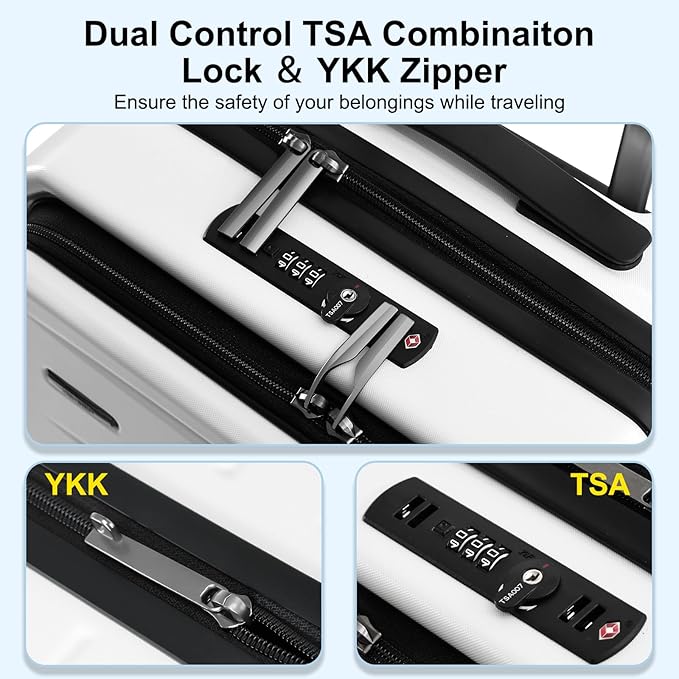Carry On Luggage 22×14×9 Airline Approved, 20 Inch Lightweight ABS+PC Hard Shell Suitcases with Front Pocket, Spinner Wheels, TSA Lock (White, 1PC)