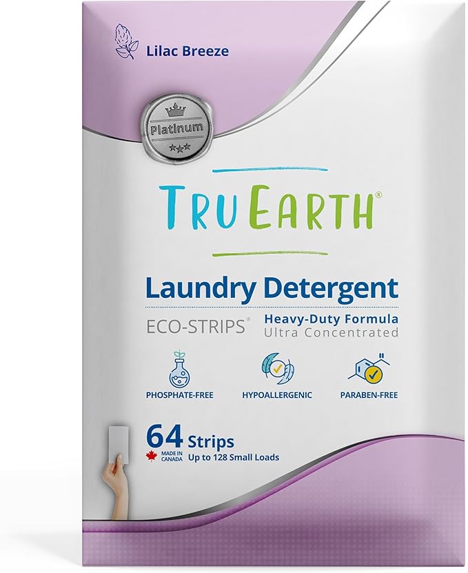 Tru Earth Platinum - Heavy Duty Laundry Detergent Sheets - Up to 128 Loads (64 Count), Lilac Breeze Scent - Ultra-Concentrated Strips Formula - Eco-Friendly Travel Laundry Sheets