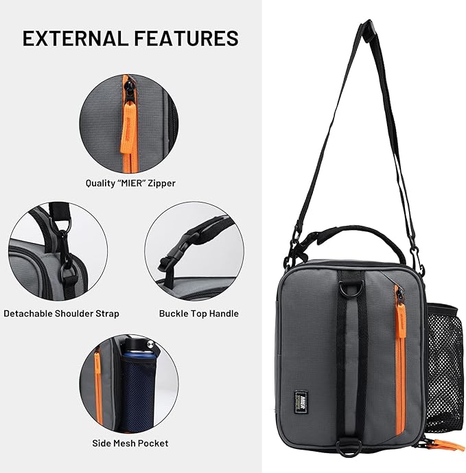 MIER Expandable Lunch Bag Insulated Lunch Box for Men to Work Travel Portable Lunchbox Bags with Shoulder Strap and Water Bottle Holder(Grey/Orange)
