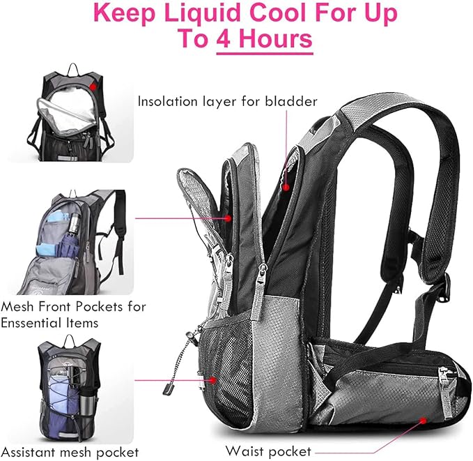 Insulated Hydration Backpack Pack with 3L BPA Free Leak Proof Water Bladder, Large Storage Lightweight Hiking Daypack with Waist Pouches & Cooler Layer, for Running, Biking, Camping, Festival