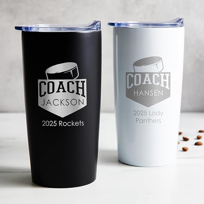 Lifetime Creations Personalized Hockey Coach Tumbler: Custom Hockey Coach Gift, Coaches Coffee Travel Mug from Team, Insulated Engraved Stainless Steel 20 Ounce Cup (White)