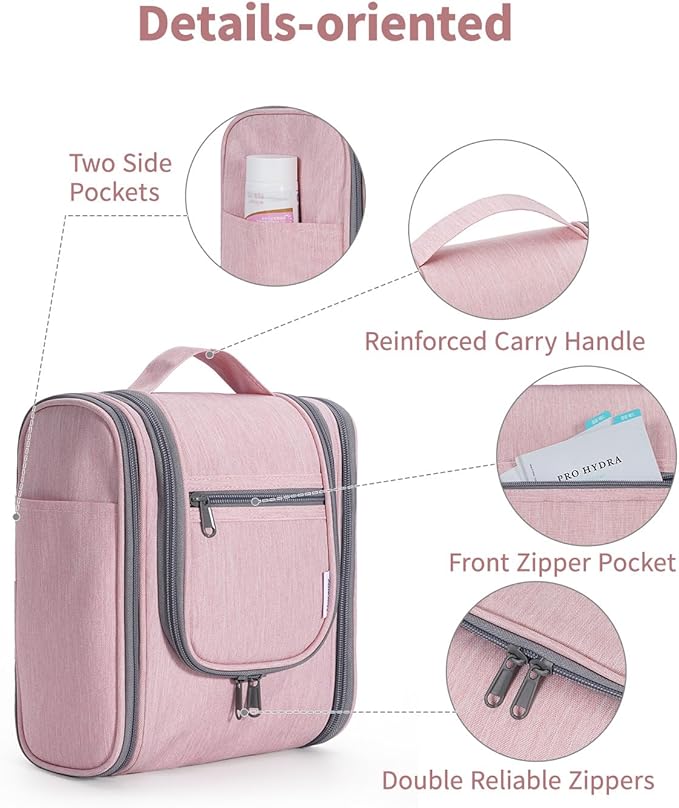 Narwey Small Hanging Toiletry Bag Women Travel Makeup Bag Organizer Toiletries Bag for Travel Size Essentials Accessories Cosmetics (Medium, Pink)