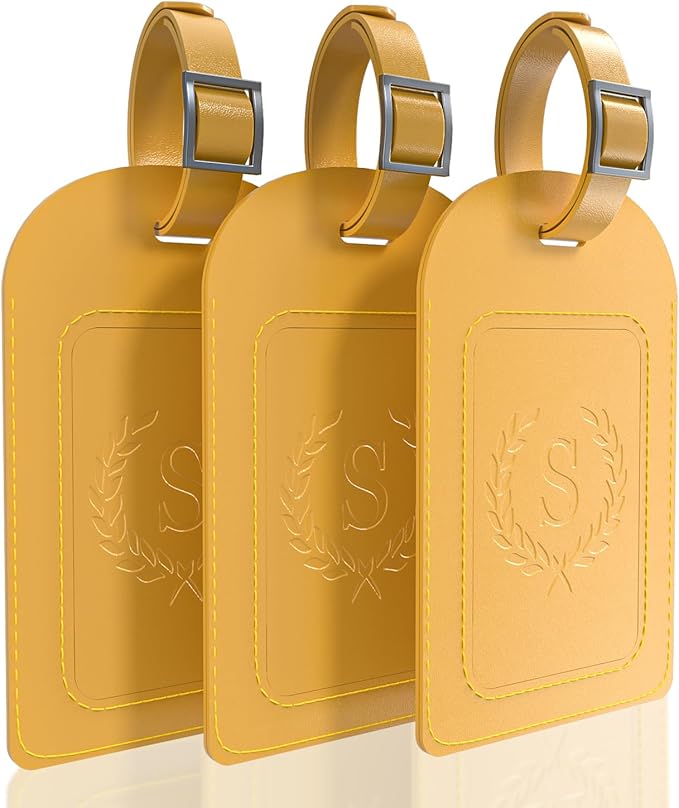FESAS 3 Pack A-Z Alphabet Luggage Tags - Faux Leather Suitcase Tags with Privacy Cover & Replaceable Card - Initial Letter Monogram for Bags (Yellow)