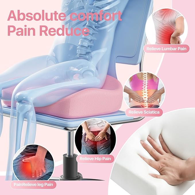 Seat Cushion, Extra Large Memory Foam Cushion for Office Chair Cushions, Ergonomic Cushions Pad Pillow for Pressure Relief Sciatica & Pain Relief for Long Sitting, Pink