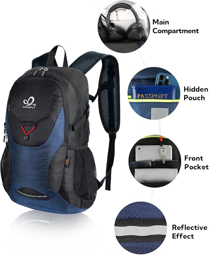WATERFLY Lightweight Packable Hiking Backpack: 30L Foldable Travel Daypack Ultralight Camping Day Pack for Woman Man