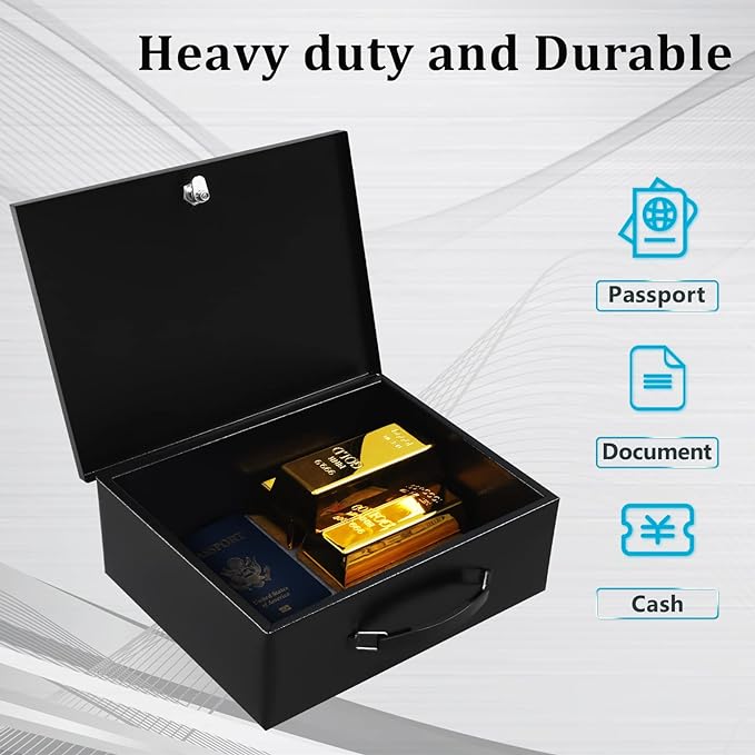 Dalmbox Portable Metal Safe Box with Key Lock - Fire Resistant Storage for Documents, Car, Home and Outside - X Large 13.2"x 11"x 5.1" Black Box