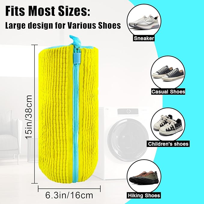 XXL Shoe Washing Machine Bag - 2-Pack Reusable Shoe Cleaning Bags, 360° Deep Clean for Tennis Shoes, Sneakers and Slippers, Includes 2 Storage Dust Bags (Yellow)