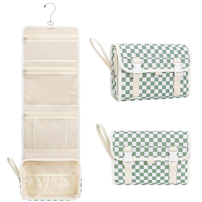 Relavel Travel Hanging Toiletry Bag for Women, Large Capacity Wash Bag with 360 degree Rotation Hanging Hook, Portable Toiletries Makeup Organizer Storage for Daily Use, Trip, Camping - Green Plaid