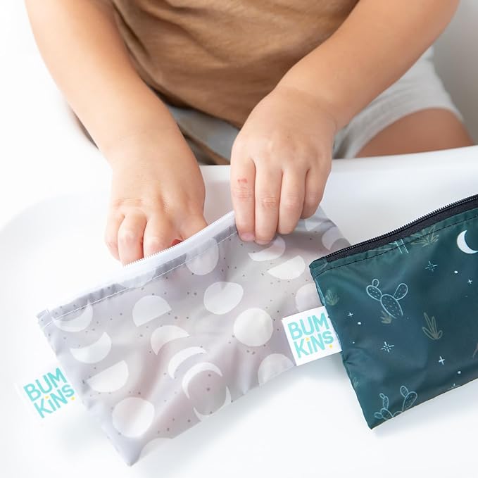 Bumkins Reusable Snack Bags, for Kids School Lunch and for Adults Portion, Washable Fabric, Waterproof Cloth Zip Bag, Supplies Travel Pouch, Food-Safe Storage, 2-pk Desert Night Dk. Green and Gray