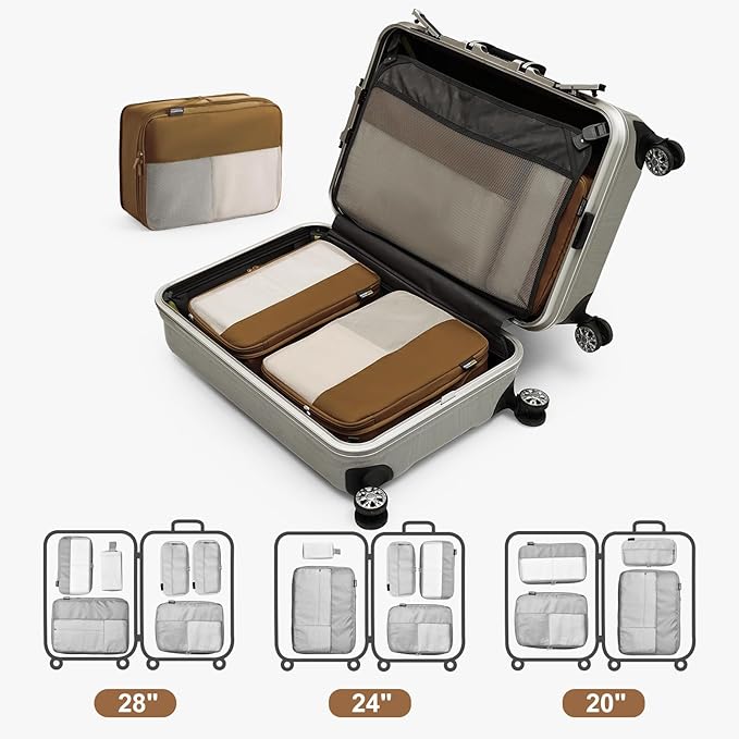 6 Set Compression Packing Cubes for Travel Essentials, Luggage Organizers for Suitcases (Dark Brown)