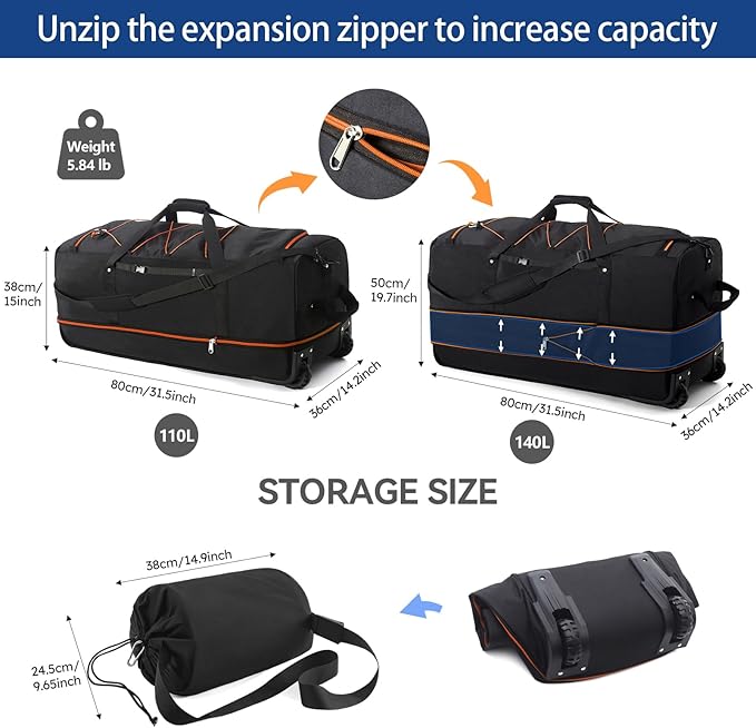 110L Expandable to 140L 32” Foldable Oxford Soft-Sided Rolling Duffle Bag with 2 Heavy-Duty Wheels,3 Large Compartments,Adjustable Shoulder Strap and Attached Organizer Pouch,Black Orange