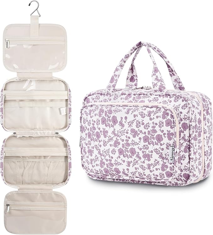 Travel Toiletry Bag for Women Large Hanging Makeup Bag Organizer Toiletries Bag for Full Size Essentials Accessories Cosmetics (Little Dusty Pink Flower (Large))