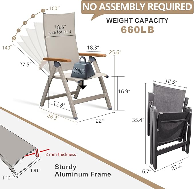 Adjustable Folding Chair, Indoor & Outdoor Balcony, Patio Porch, Garden Lawn, Pool, for Comfortable Foldable Chairs, Portable Cozy Recliner, Metal Frame with Teak armrest, Durable