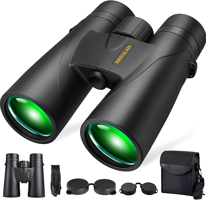 Binoculars for Adults High Powered – 12X42 HD Compact Binoculars for Bird Watching, Hunting Gear, Cruise & Beach Vacations Essential, Camping & Travel Essential Accessories (Black)
