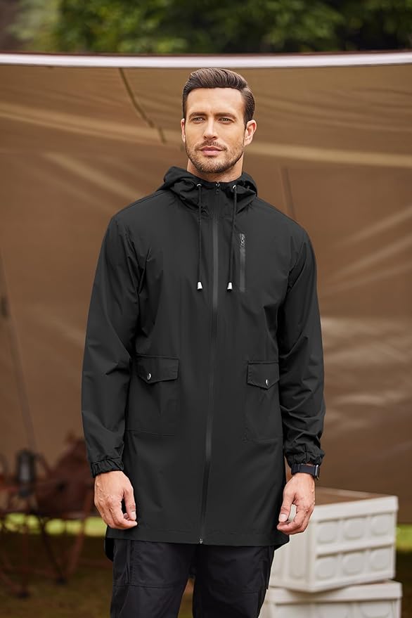 COOFANDY Men's Long Raincoat Ligtweight Rain Jacket Waterproof Outdoor Jackets with Hood
