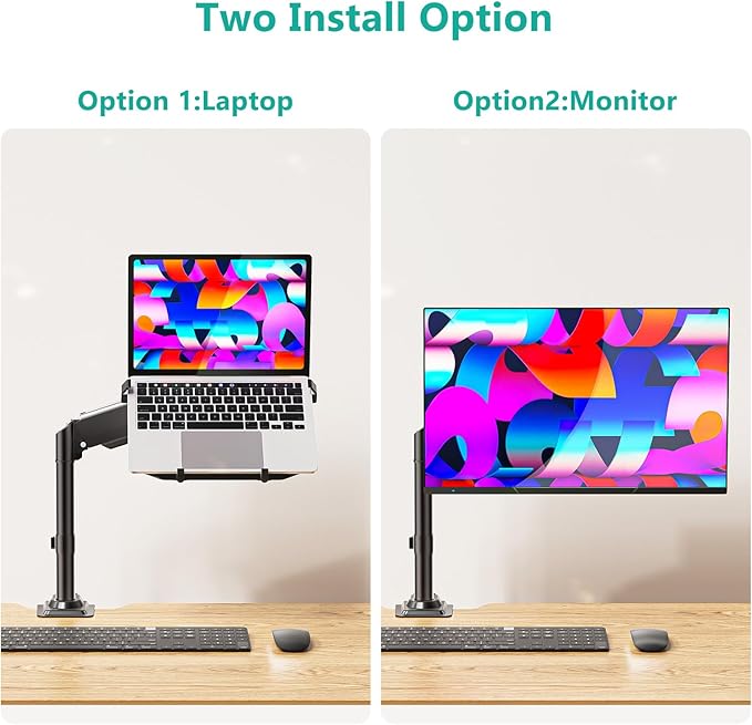 WALI Laptop Tray Desk Mount, Laptop Arm Mount Fits 10-15.6 Inch Notebook, 2-in-1 Gas Spring Monitor Arm for 17-32 Inch Computer Screen, Holds up to 22lbs(GSDM00LP), Black