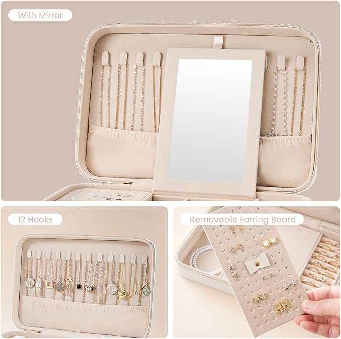 Lolalet Travel Jewelry Case for Women, Travel Jewelry Organizer Box with Mirror & Clear Storage Bag, Small Portable Traveling Earring Necklace Bracelet Ring Case, Bridesmaid Gifts -Large, White