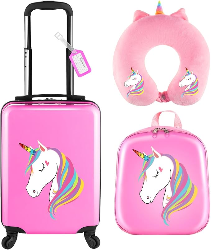 Sanwuta 4 Pcs Kids Luggage Set Kids Backpack Travel Rolling Suitcase with Wheels U-shape Pillow Childrens Gift for Girls Boys(17 Inch,Unicorn Style,Pink)