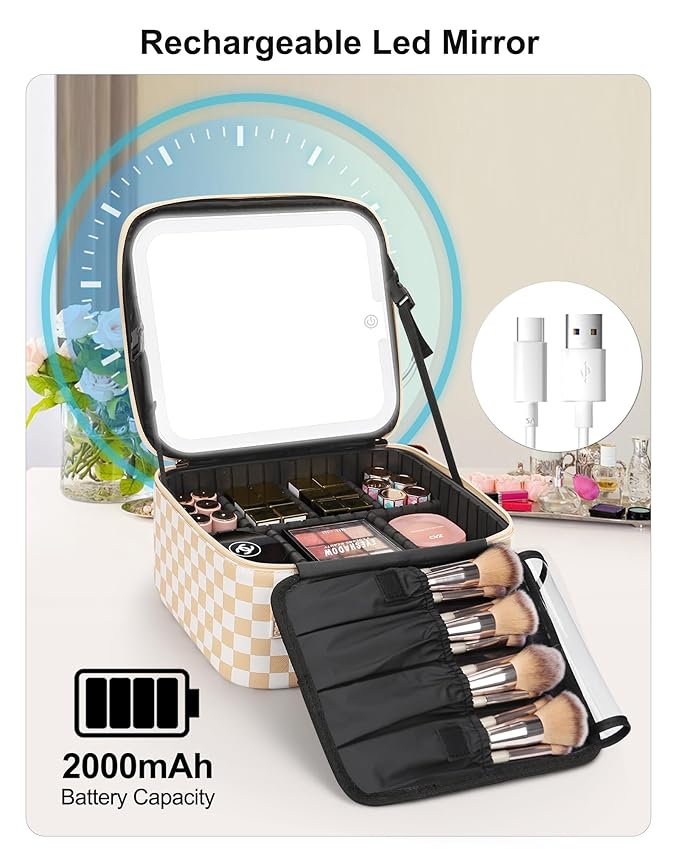 Relavel Travel Makeup Bag With LED Mirror, Cosmetic Train Case with Light up Mirror, Portable Makeup Artist Organizer Bag with Adjustable Dividers, Makeup Brush Holder Storage, Plaid