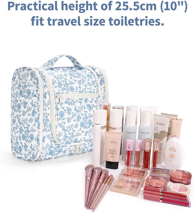 Narwey Hanging Toiletry Bag for Women Travel Makeup Bag Organizer Toiletries Bag for Cosmetics Essentials Accessories (Large, Little Blue Flower)