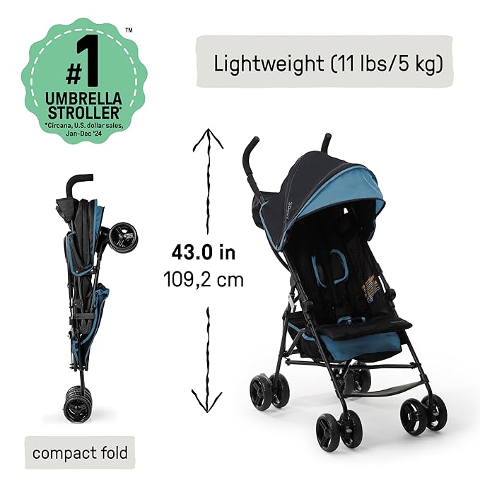 Ingenuity 3D Mini Convenience Stroller – Lightweight Stroller with Compact Fold, Multi-Position Recline, Canopy with Pop Out Sun Visor – Umbrella Stroller for Travel & More, Blue/Black