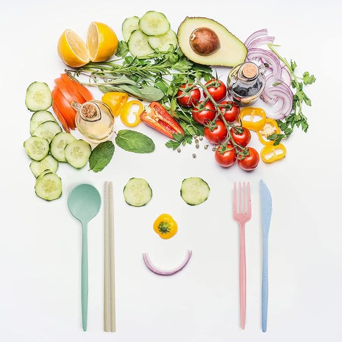 4 Sets Reusable Travel Utensils Set with Case, TWUTGAYW Portable Camping Utensil Set, BPA Free Spoon Knife Fork Chopsticks Tableware for Kids, Plastic Cutlery Set for Lunch Picnic Daily Use(4 Colors)
