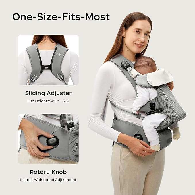 Bc Babycare Hexa Effortless Baby Carrier with Hip Seat - Ergonomic Toddler Carrier (13.2-33 lbs), Adjustable Slide Lock & Knob, Hip-Healthy Design for Parent's Back Relief, Gray