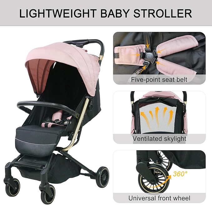 Lightweight Baby Stroller,Ultra Compact & Airplane-Friendly Travel Stroller, One-Handed Folding for Toddler, Only 13lbs,with Sleep Shade, Oversize Basket (Khaki)