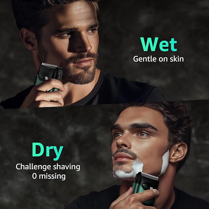 Electric Foil Shavers for Men, Mini Electric Razor, Compact Face Shaver, IPX7 Waterproof Wet Dry Cordless Razor, LED Display, USB-C Fast Rechargeable, Emerald Green