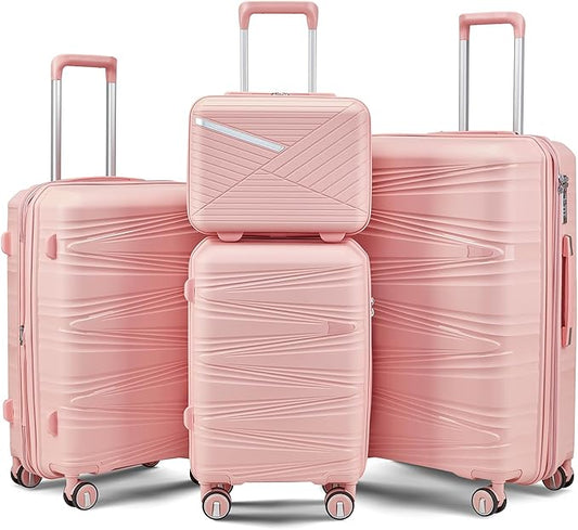 Campfun Luggage 4 Piece Sets, Expandable Carry On Luggage Set Hardshell PP, Suitcase Set with Double Spinner Wheels, Checked Durable Lightweight with TSA Lock, 14in 20in 24in 28in-Pink(C)