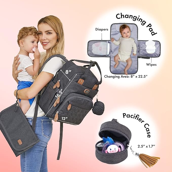 Dikaslon Diaper Bag Backpack with Portable Changing Pad, Pacifier Case and Stroller Straps, Large Unisex Baby Bags for Boys Girls, Multipurpose Travel Back Pack for Moms Dads, Dark Gray