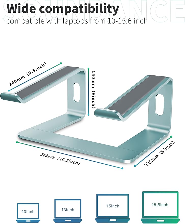 SOUNDANCE Laptop Stand, Aluminum Computer Riser, Ergonomic Laptops Elevator for Desk, Metal Holder Compatible with 10 to 15.6 Inches Notebook Computer, Aquamarine