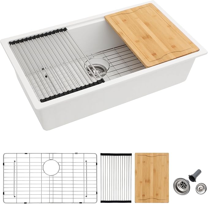 Dcolora 30 Inch White Kitchen Sink Granite Composite Workstation Undermount Quartz Single Bowl Kitchen Sink 30"W x 19"D x 10"H, DC-GU5521