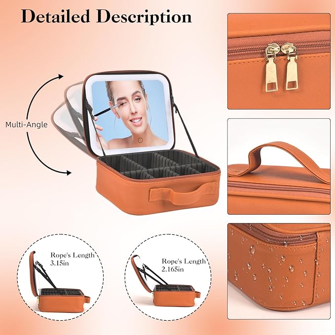 Travel Makeup Bag With LED Mirror,Makeup Travel Train Case with 3 Color Setting,Cosmetic Makeup Organizer Bag with Adjustable Dividers,Portable Make up Bag with Makeup Brush Holder Storage（Caramel）