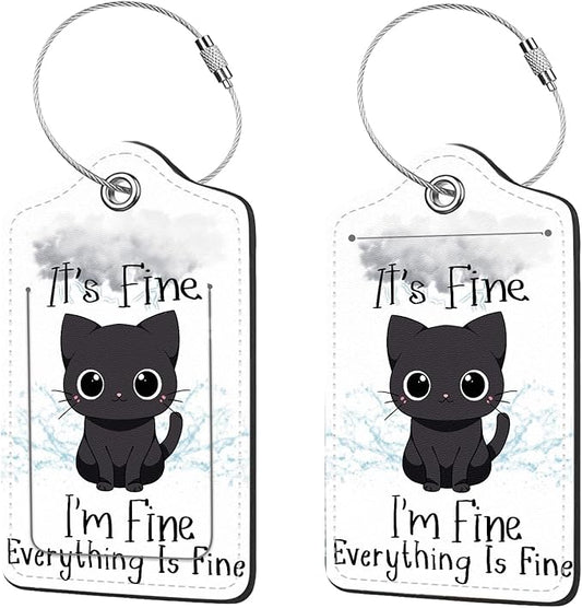 2 Pcs Luggage Tags for Suitcase, Cute Unique PU Leather Travel Bag Tag with Privacy Cover ID Label Address Card and Durable Metal Ring Suitable for Men Women Children Backpack,Cat Under A Dark Cloud