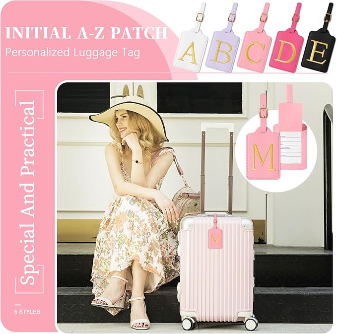 Personalized Initial Luggage Tags for Suitcase, Pink Leather Cute Luggage Tags with Privacy Cover Name Card, Embroidered Custom Monogrammed Luggage Tag Travel Bag Baggage Tags Gifts for Women Kids(M)